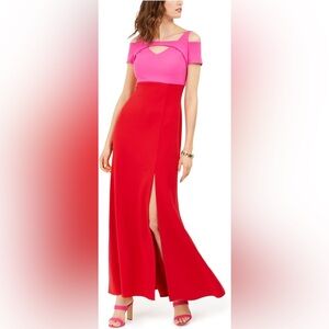 NIGHTWAY Formal Maxi Dress Gown Red Pink Cold Shoulder Thigh Slit Womens 14